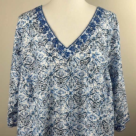 Lands End Embroidered V-neck Cotton Blue Print Tunic Sz 1X Dress Coverup Coastal - Picture 3 of 16